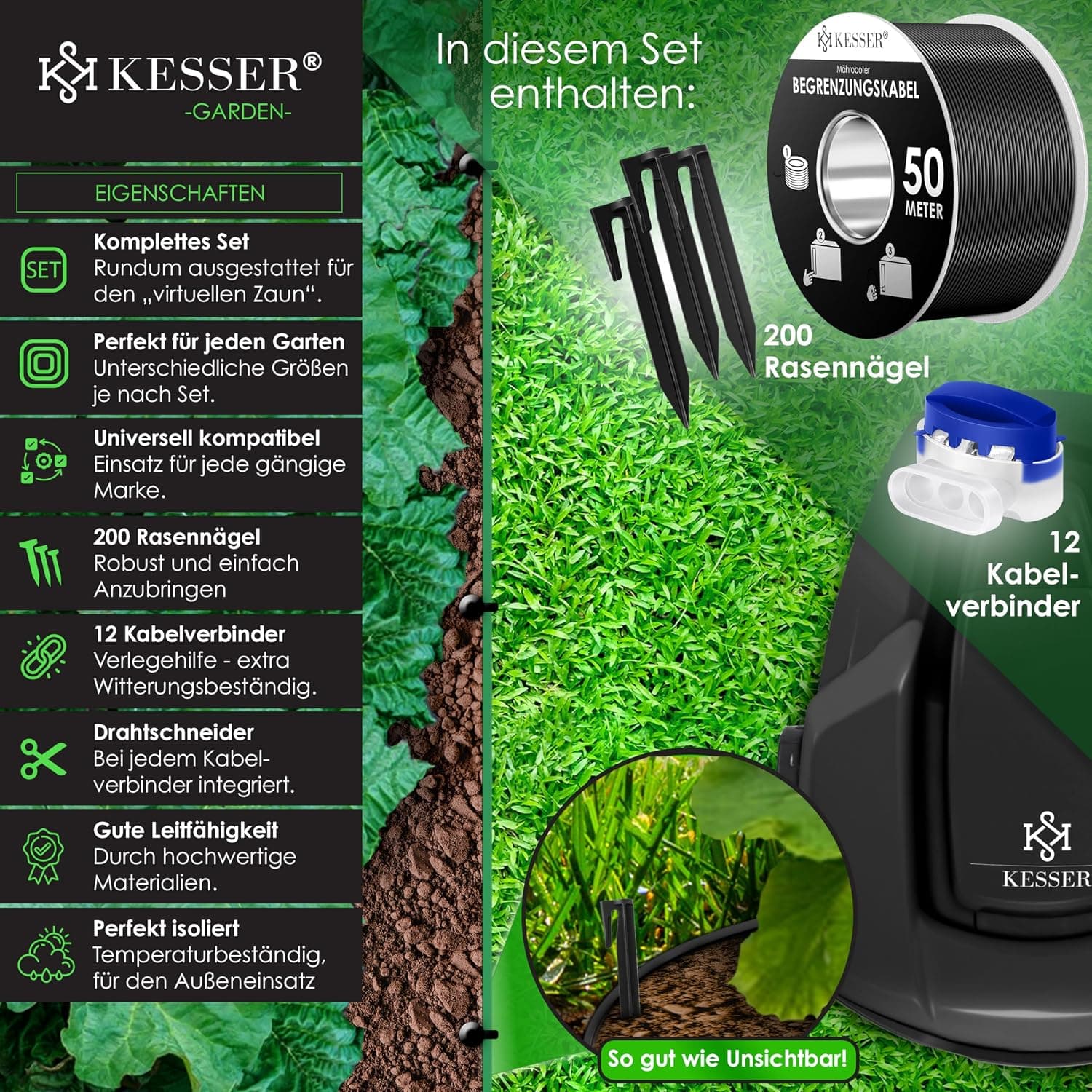 KESSER® Câble de délimitation de 50 m + 200 piquets + 12 connecteurs de câble pour Robot Tondeuse à Gazon, kit d'accessoires Universel Compatible avec Gardena, Bosch, Worx, Honda, ROBOMOW