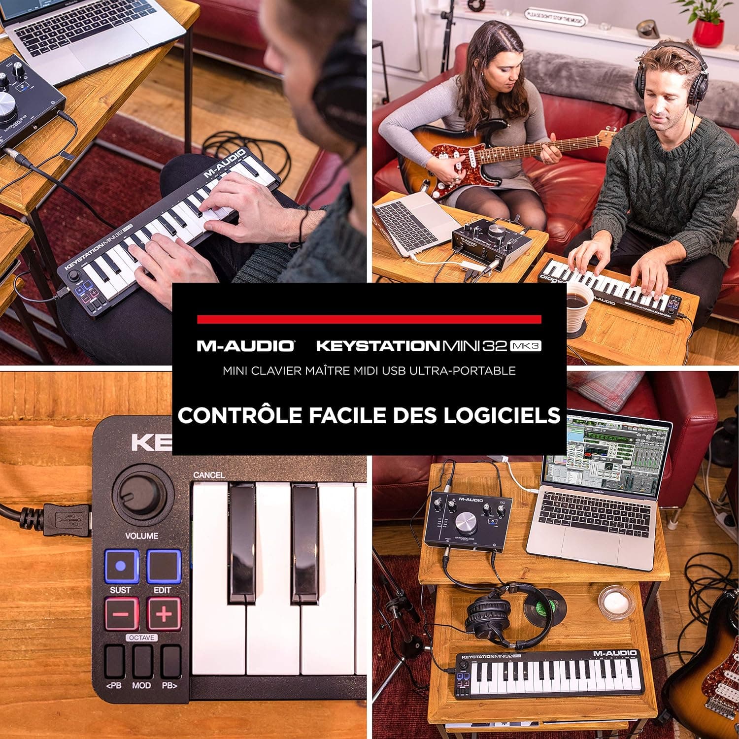 M-AUDIO Keystation Mini 32 MK3 Pack Contrôleur MIDI avec Casque pour Enregistrement Studio, Production Musicale, Podcasting, Streaming