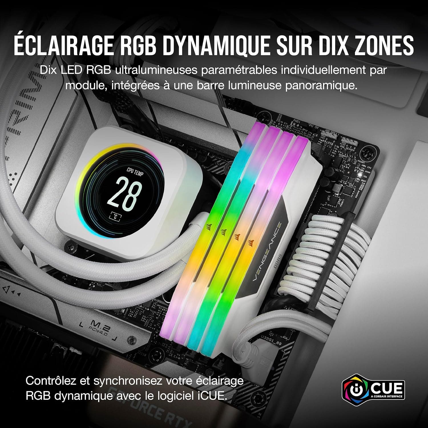 CORSAIR Vengeance RGB DDR5 32Go (2 x 16Go) Jusqu'à 6000MHz AMD Intel RAM | Mémoire pour Ordinateur de Bureau, Compatible AMD EXPO et Intel XMP 3.0, CL36, Blanc, CMH32GX5M2E6000Z36W