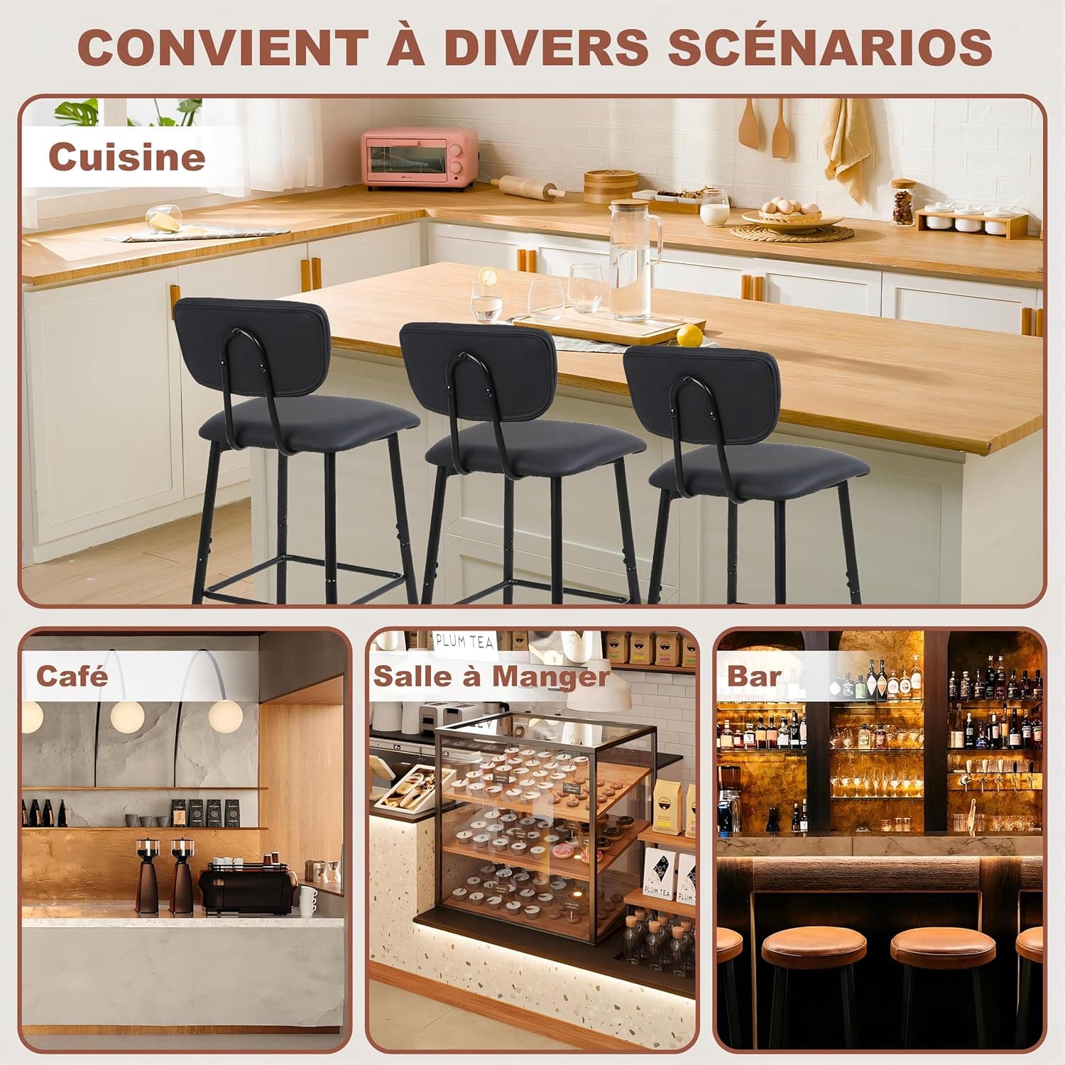 Tabouret de Bar Lot de 2, Chaise de Bar avec Dossier et Repose-Pieds, Tabourets Haute pour Cuisine Salle à Manger Bistro, Chaise 65 cm de Haut, Noir