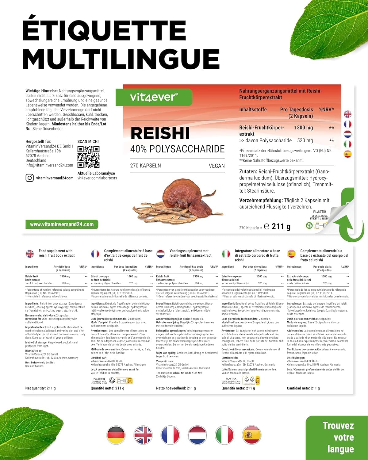 vit4ever Champignon Reishi - 270 Gélules - 1300 mg d’Extrait par jour
