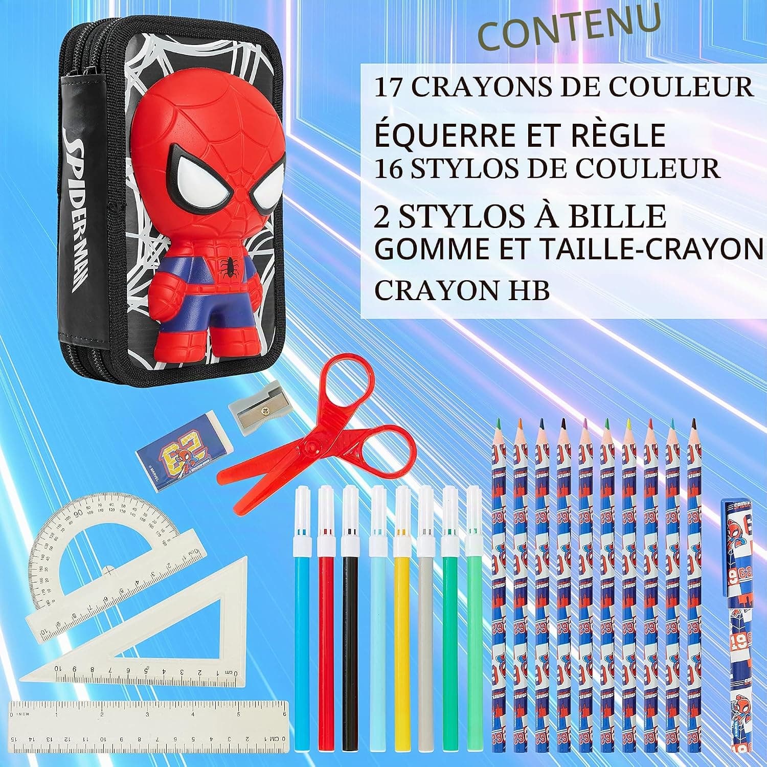 Marvel Spiderman Trousse Scolaire 2 Compartiments ou Trousse 3 Compartiments avec Fournitures Scolaires, Crayon, Kit Papeterie, Avengers Cadeau