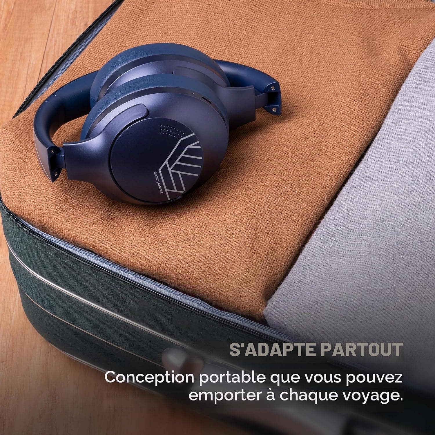 PowerLocus Casque Bluetooth sans Fil, 50 h de Jeu, Casque Audio Bluetooth 5.3 avec 4 Modes EQ, Pliable, HiFi Stereo, avec Microphone pour iPhone/Voyage/PC (Bleu)