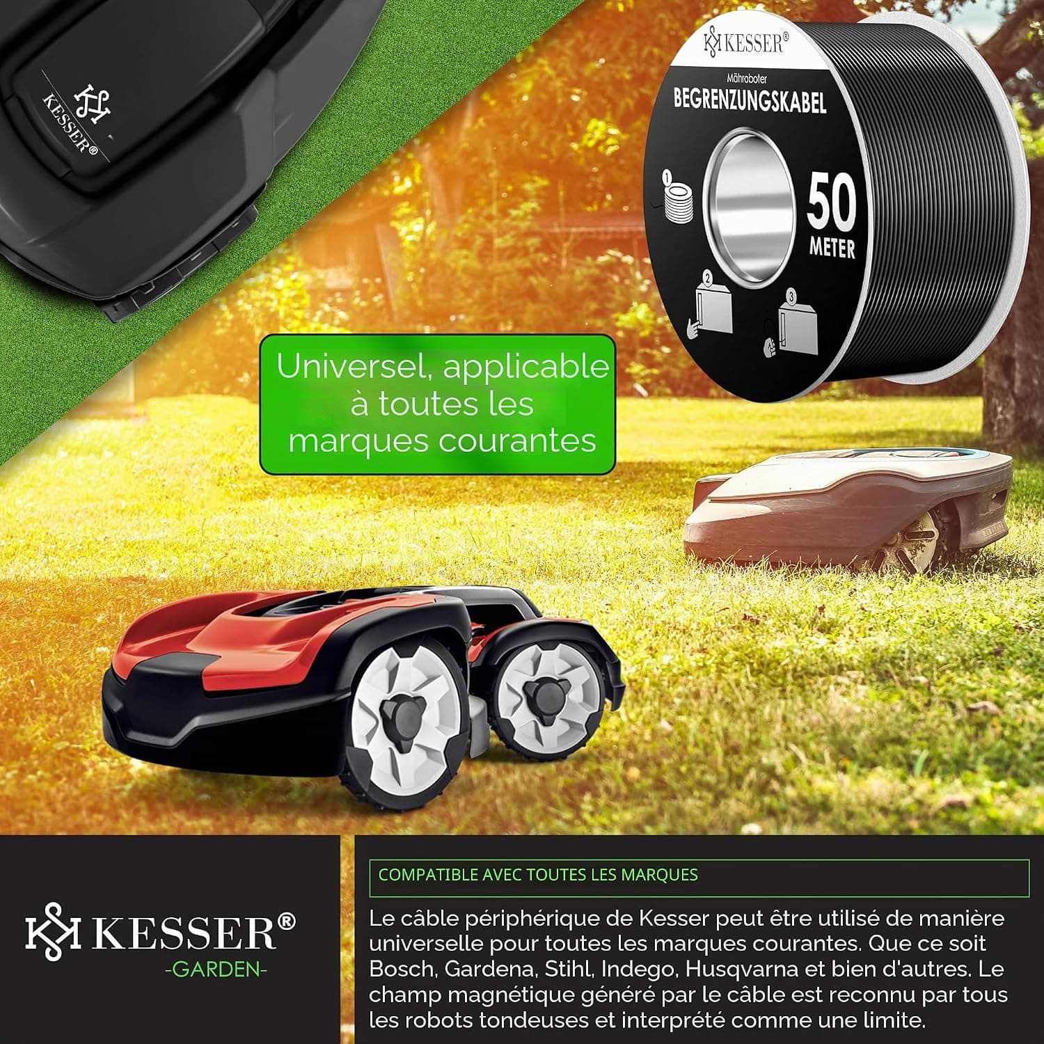 KESSER® Câble de délimitation de 50 m + 200 piquets + 12 connecteurs de câble pour Robot Tondeuse à Gazon, kit d'accessoires Universel Compatible avec Gardena, Bosch, Worx, Honda, ROBOMOW