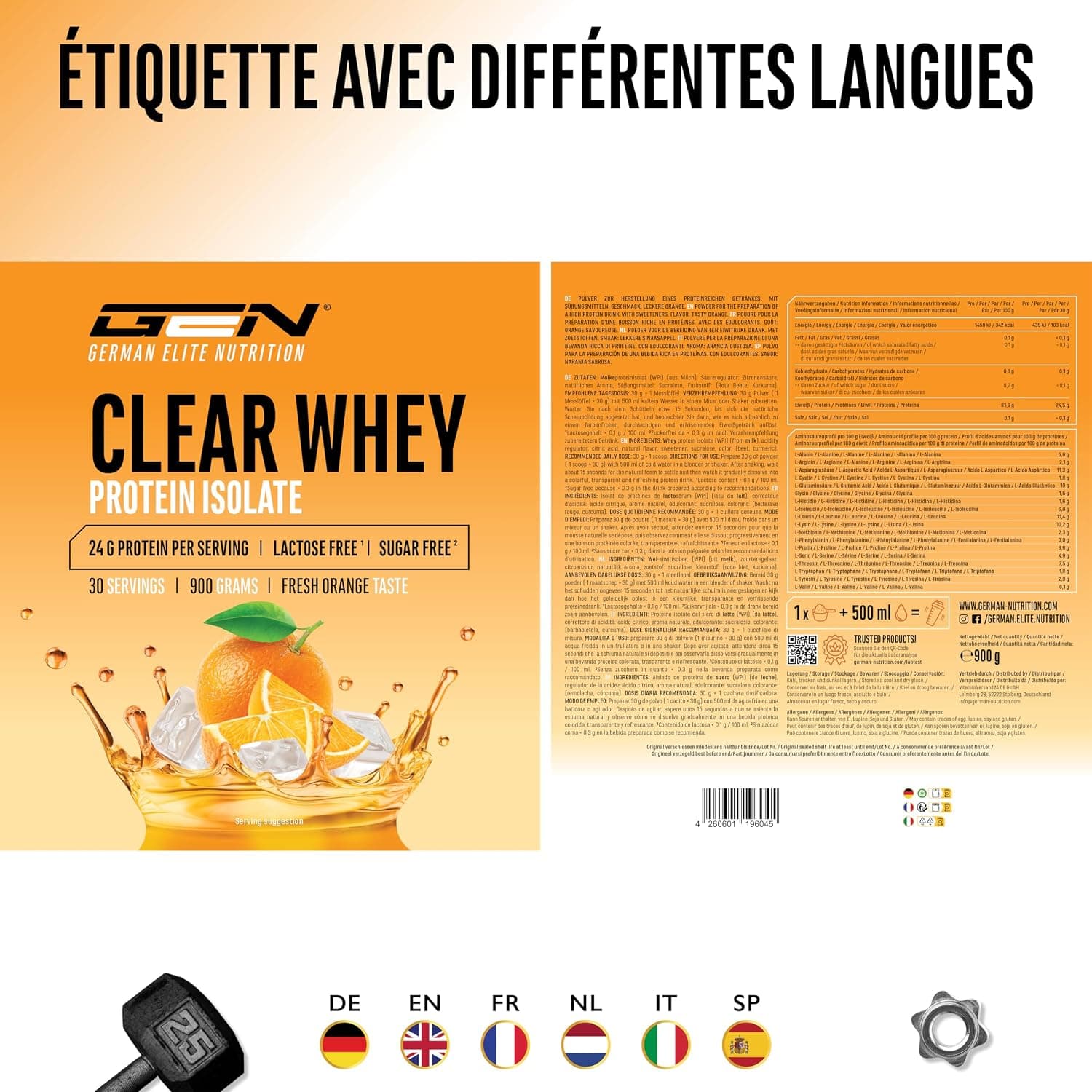 Clear Whey Isolate Protein Shake - Shake Protéiné Fruité & Rafraîchissant - Isolat de Protéines de Lactosérum de haute Qualité (900g, Orange Fraîche)