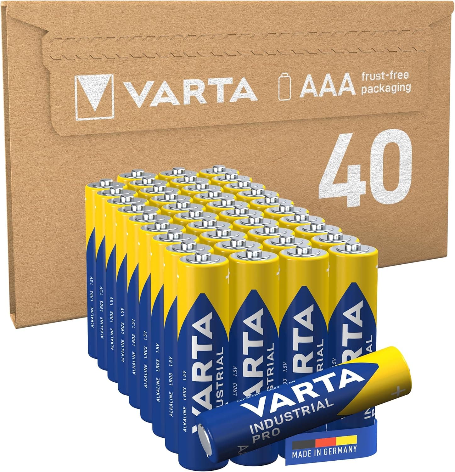 VARTA Piles AAA, lot de 40, Industrial Pro, Batterie Alcaline, 1,5V, pack de stockage en emballage écologique, Made in Germany [Exclusif sur Amazon] | LR03 1,5 V, Made in Germany, conservation jusqu'à 10 ans, pour l'industrie, atelier, appareils de mesure
