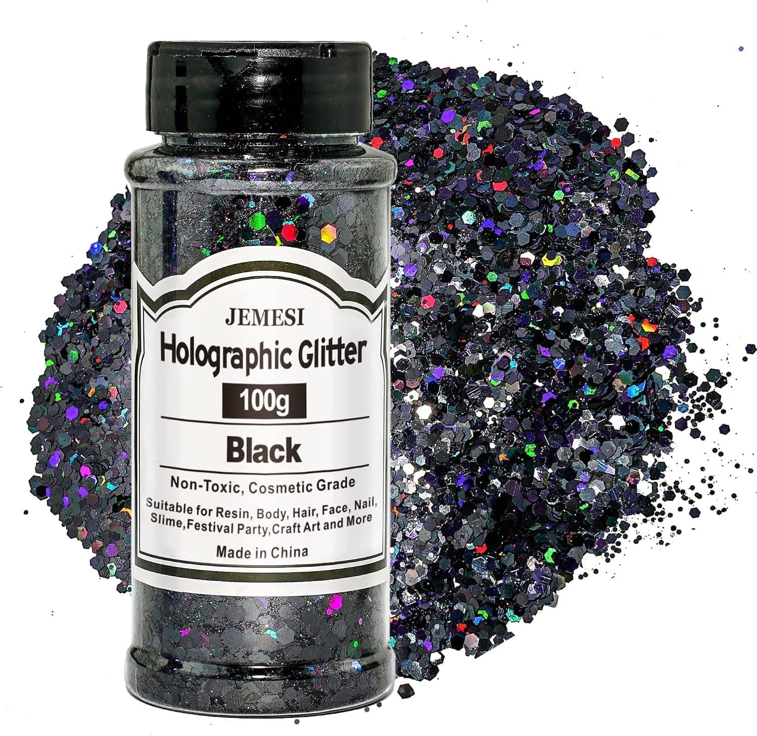 Paillettes holographiques noires 100 g pour résine, visage, ongles, corps, artisanat, festival, art de fête