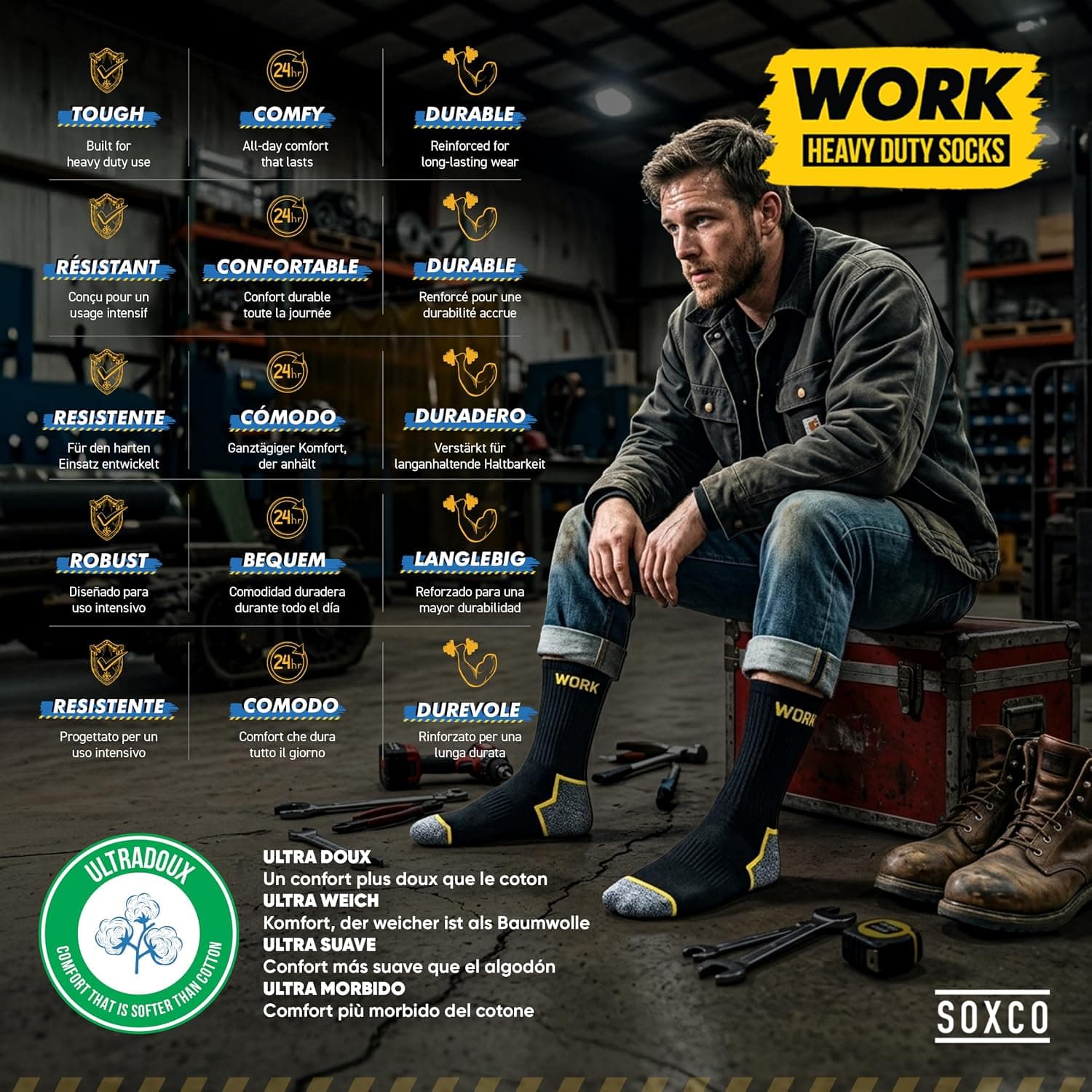 SOXCO 10 Paires Chaussettes de travail noires homme, mi-mollet | Technologie DRI-WIK d’évacuation de l’humidité | Ultra douce et coussinée | Talon et pointe renforcés | WORK Socks Lot de 6/10 paires