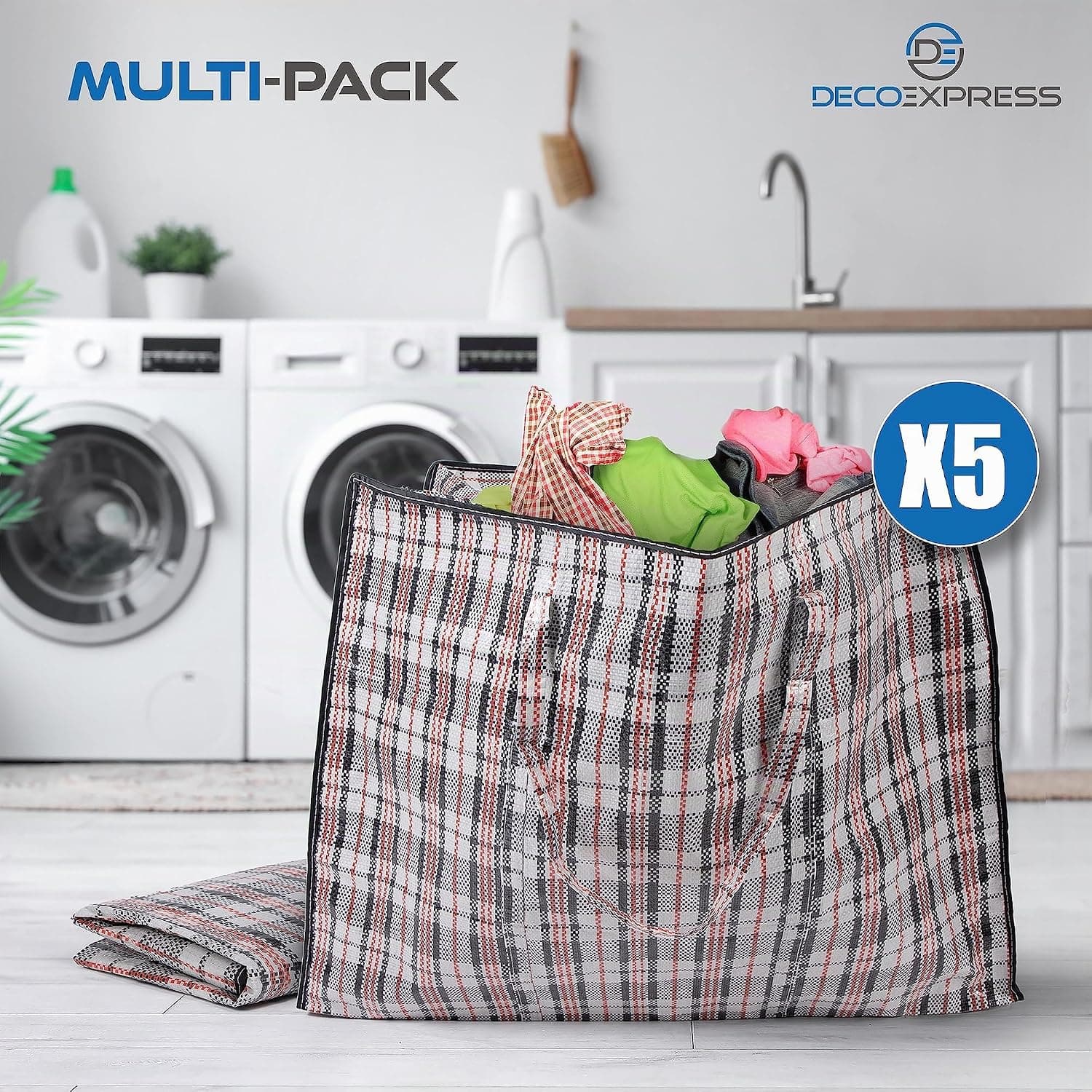 Deco Express Sac de Rangement Buanderie, Lot de 5 75L 60 x 50 x 25 cm, Fermeture Eclair Sac Demenagement, Rangement pour Vêtements et Penderies (60 X 50 X 25 CM)