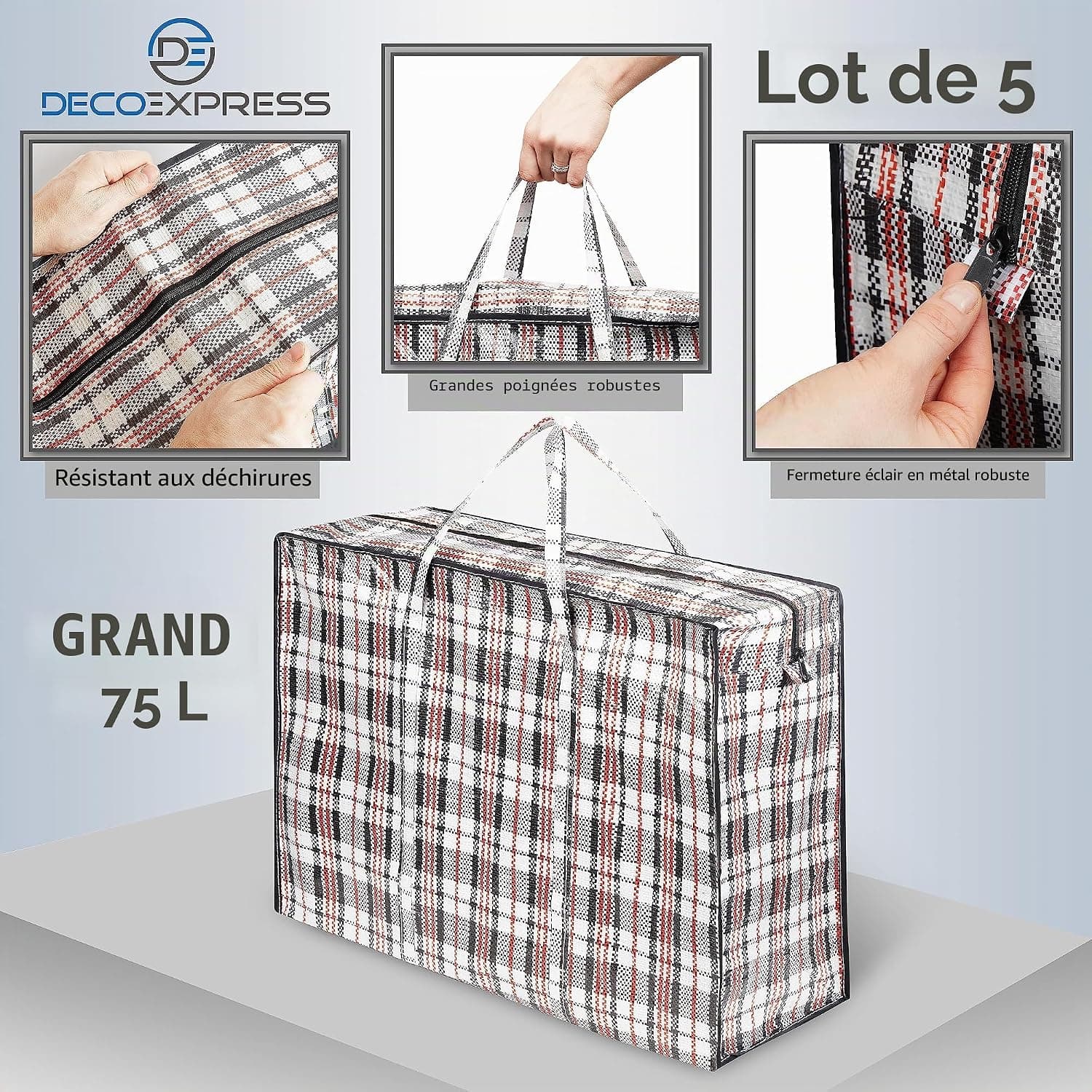 Deco Express Sac de Rangement Buanderie, Lot de 5 75L 60 x 50 x 25 cm, Fermeture Eclair Sac Demenagement, Rangement pour Vêtements et Penderies (60 X 50 X 25 CM)