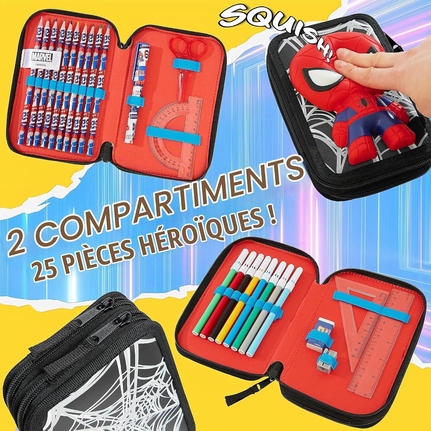 Marvel Spiderman Trousse Scolaire 2 Compartiments ou Trousse 3 Compartiments avec Fournitures Scolaires, Crayon, Kit Papeterie, Avengers Cadeau