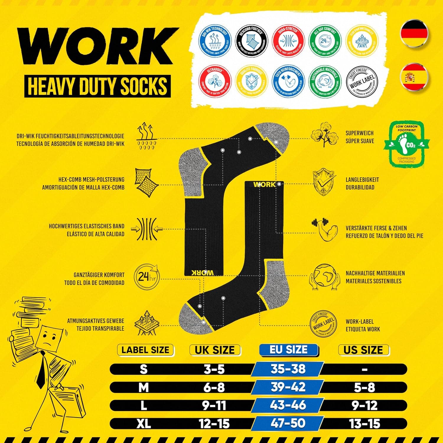 SOXCO 10 Paires Chaussettes de travail noires homme, mi-mollet | Technologie DRI-WIK d’évacuation de l’humidité | Ultra douce et coussinée | Talon et pointe renforcés | WORK Socks Lot de 6/10 paires