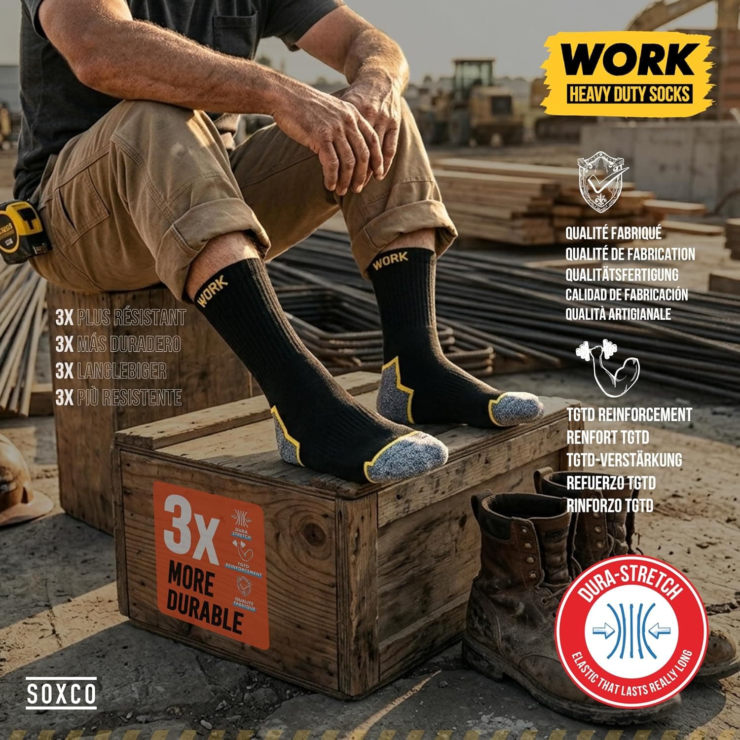 SOXCO 10 Paires Chaussettes de travail noires homme, mi-mollet | Technologie DRI-WIK d’évacuation de l’humidité | Ultra douce et coussinée | Talon et pointe renforcés | WORK Socks Lot de 6/10 paires