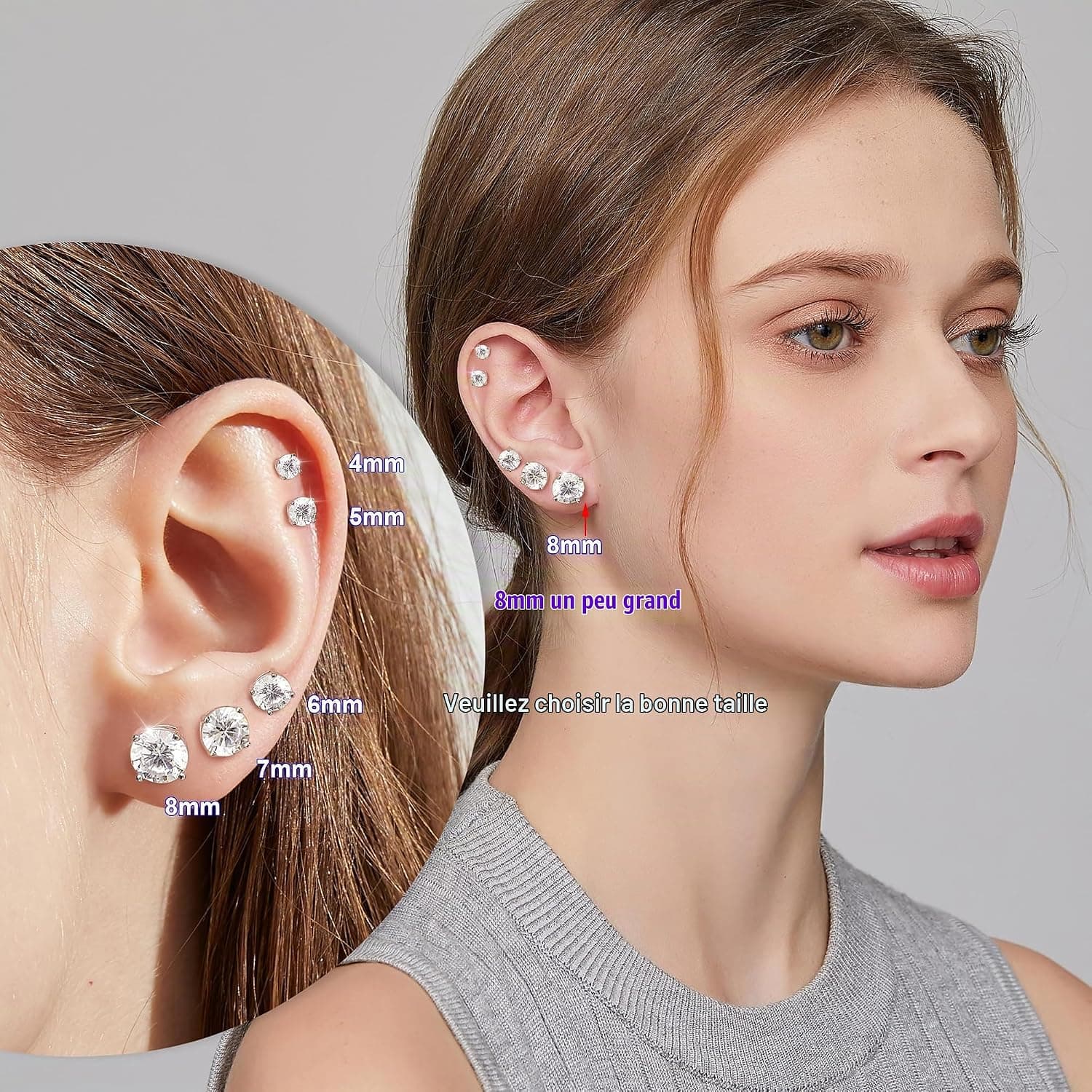 Boucles d'Oreilles en Or Blanc 18 Carats pour Femme et Homme Swarovski Boucles d'Oreilles en Argent Sterling 5A Zircon Cubique Boucle d'Oreille 3mm - 8mm