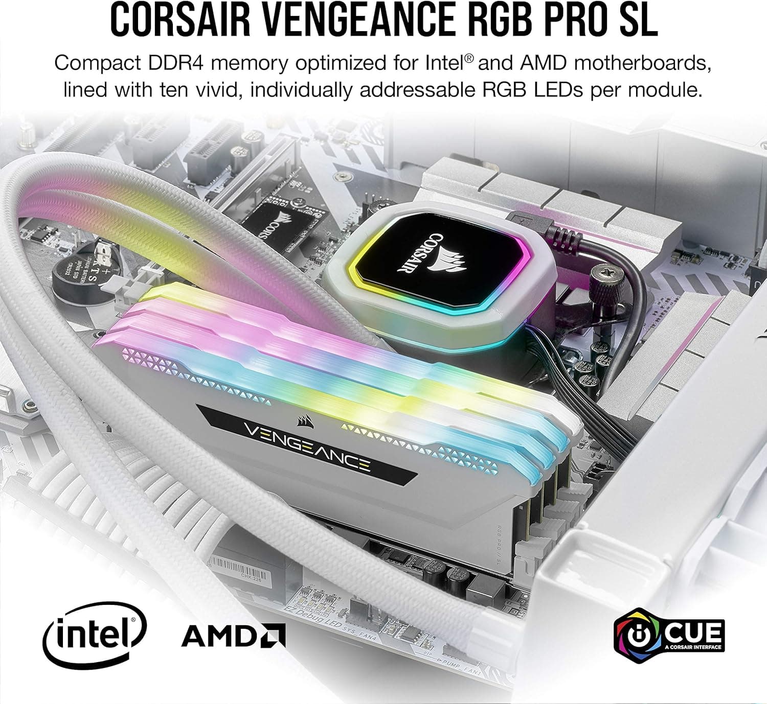 Corsair Mémoire de Bureau Corsair Vengeance RGB Pro SL 32 Go (2x16 Go) DDR4 Jusqu'à 3600MHz (PC4-28800) C18 1,35 V - Blanc