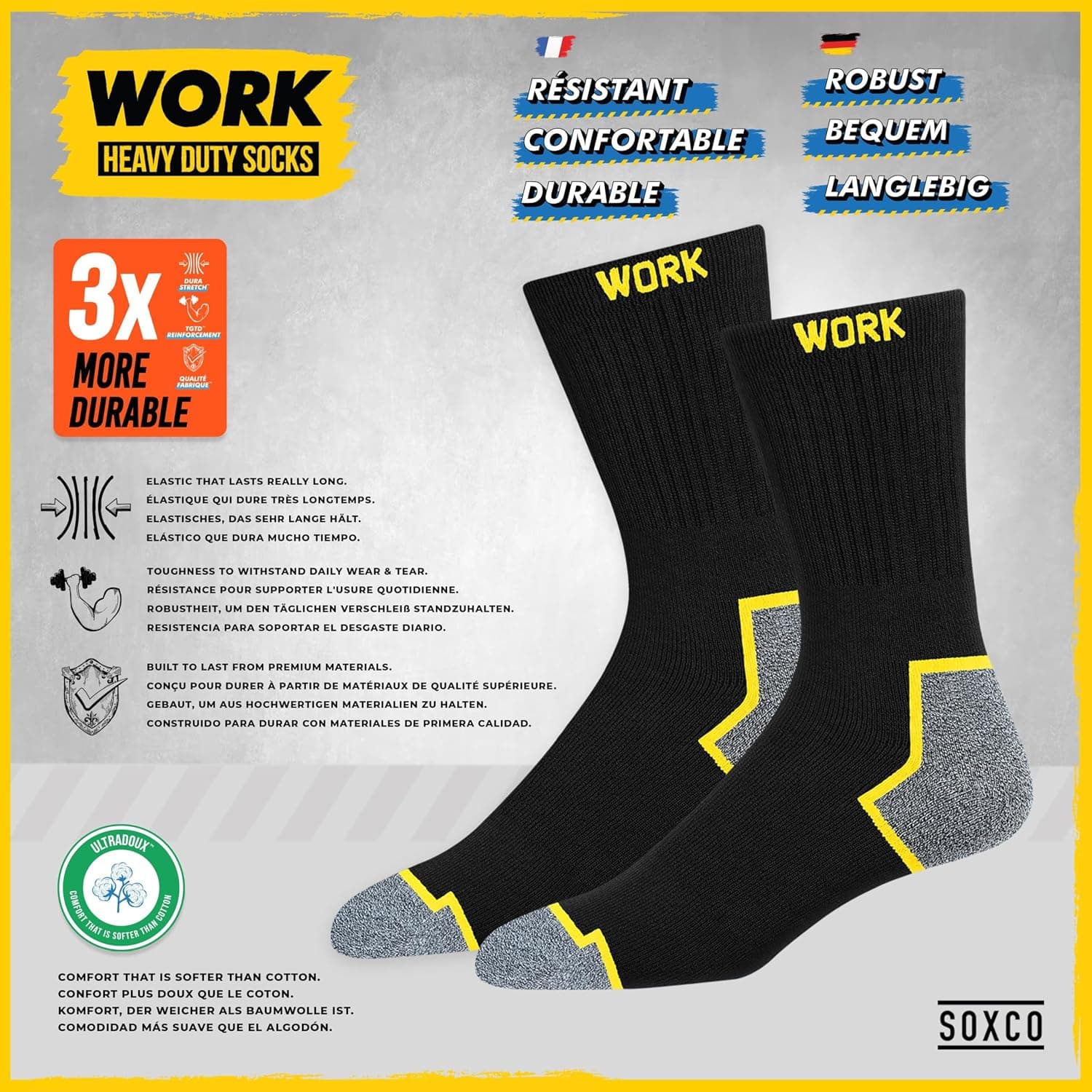 SOXCO 10 Paires Chaussettes de travail noires homme, mi-mollet | Technologie DRI-WIK d’évacuation de l’humidité | Ultra douce et coussinée | Talon et pointe renforcés | WORK Socks Lot de 6/10 paires