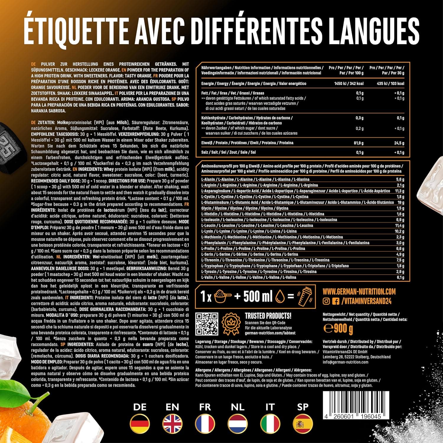 Clear Whey Isolate Protein Shake - Shake Protéiné Fruité & Rafraîchissant - Isolat de Protéines de Lactosérum de haute Qualité (900g, Orange Fraîche)