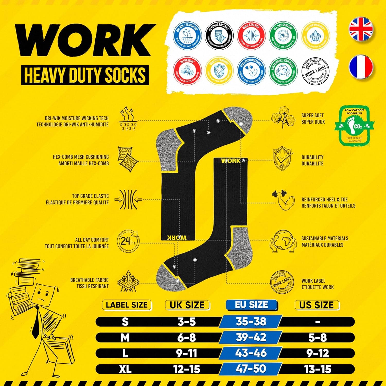 SOXCO 10 Paires Chaussettes de travail noires homme, mi-mollet | Technologie DRI-WIK d’évacuation de l’humidité | Ultra douce et coussinée | Talon et pointe renforcés | WORK Socks Lot de 6/10 paires