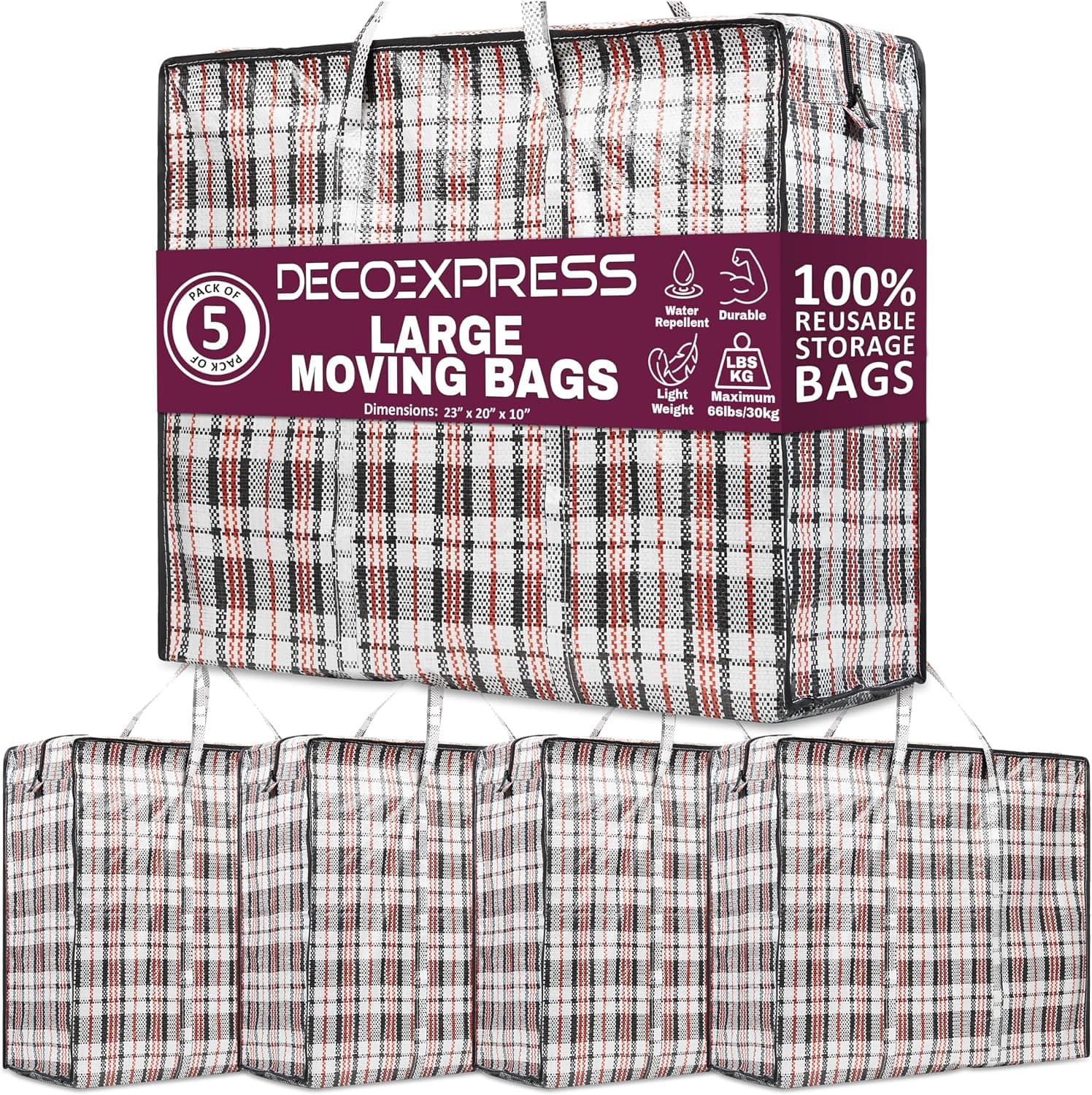 Deco Express Sac de Rangement Buanderie, Lot de 5 75L 60 x 50 x 25 cm, Fermeture Eclair Sac Demenagement, Rangement pour Vêtements et Penderies (60 X 50 X 25 CM)