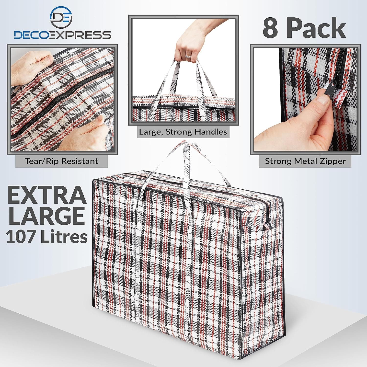 Deco Express Grand Sac de Rangement Buanderie, Lot de 8 XXL 107L 76x59x24cm, Fermeture Eclair Sac Demenagement, Rangement pour Vêtements et Penderies (76 X 59 X 24 CM)