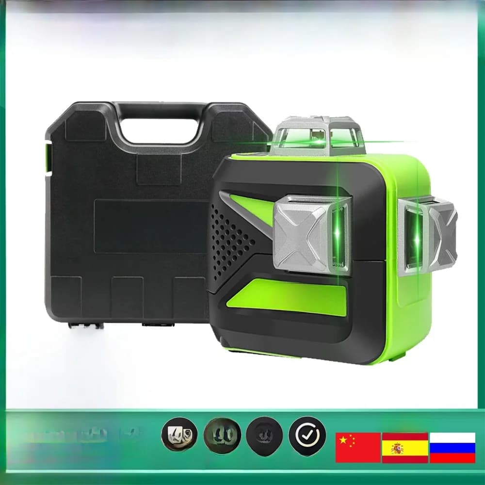 Huepar 12 lignes 3D niveau Laser lignes transversales auto-nivelant 360 faisceau vert Vertical et horizontal avec étui de transport rigide Kit d'outils Laser