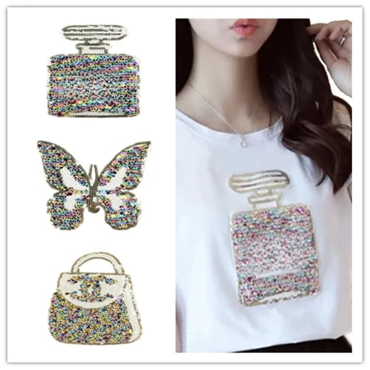 Autocollants en tissu à motifs de broderie à paillettes, 2 pièces, accessoires de broderie cousus à la main, décoration de vêtements, autocollants en tissu à trous, DIY bricolage
