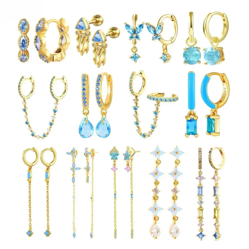 Boucles d'oreilles en argent Sterling 925 pour femmes, petites boucles d'oreilles couleur or, pendentif bleu d'été, nouveaux bijoux à la mode Aretes 2024