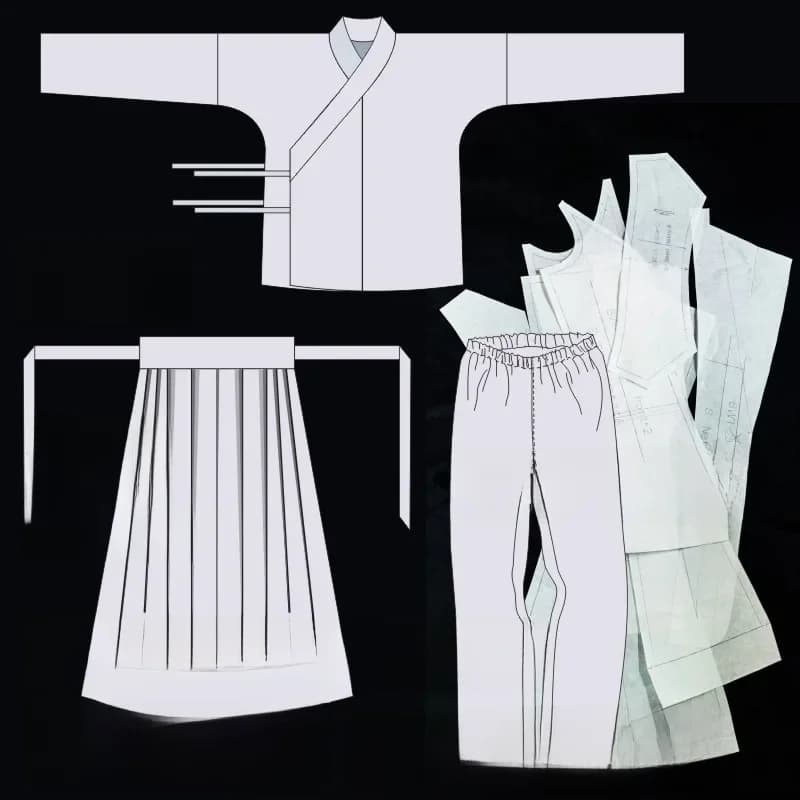 Vêtements DIY modèle femmes veste supérieure Hanfu pyjamas jupe inférieure sans côté couture pantalon coupe conception dessin BHF-008