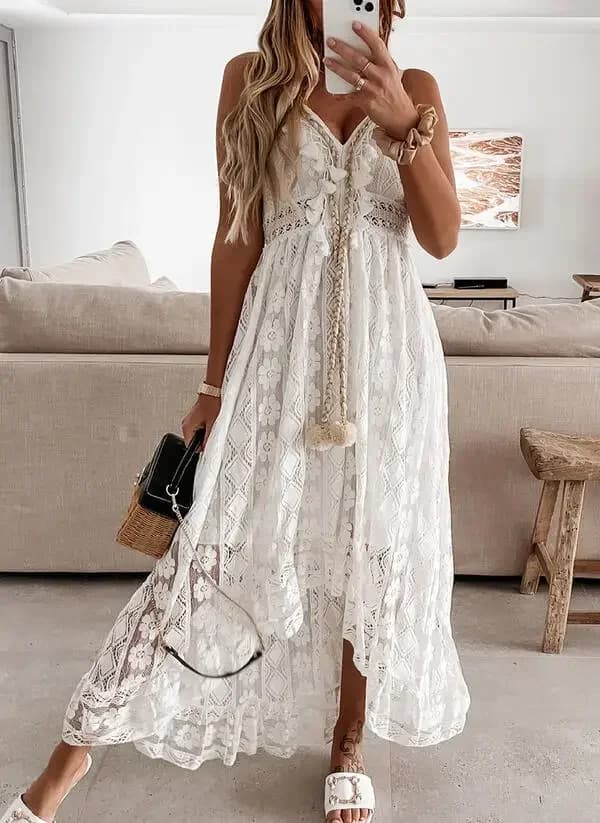 Robe en dentelle blanche pour femmes, glands à longues bretelles, col en V de plage, ajouré élégant de fête, épaules dénudées sans manches, robes en coton pour dames