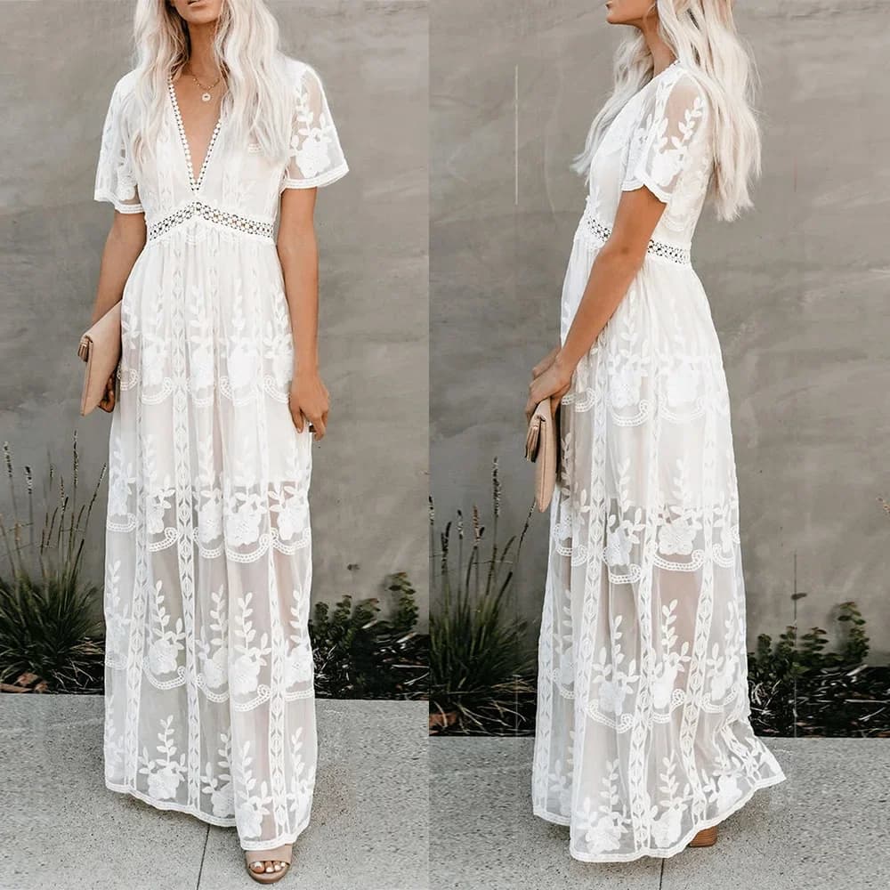 Robe longue Boho pour femmes, broderie ample, dentelle blanche, tunique longue, robe de plage, vêtements de vacances, vacances, été, femme