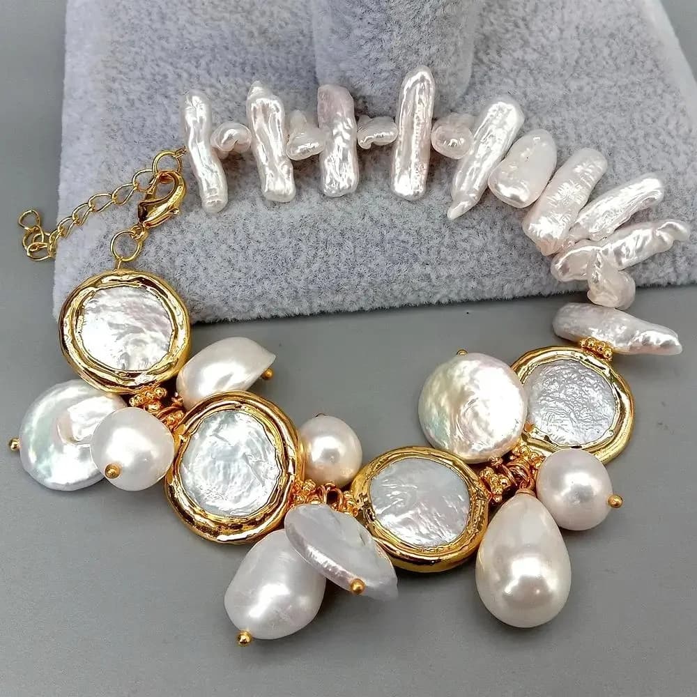 YYGEM-Bracelet de perles de coquillages d'eau douce naturelles, pièce de monnaie Biwa blanche, perle Keshi, perle de mer, 8"