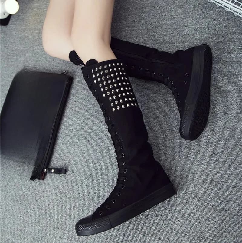 Cuissardes à talons plats pour femmes, chaussures en toile pour femmes, bottes à rivets punk, bottes à glissière, bottes longues confortables, mode féminine, 34-43