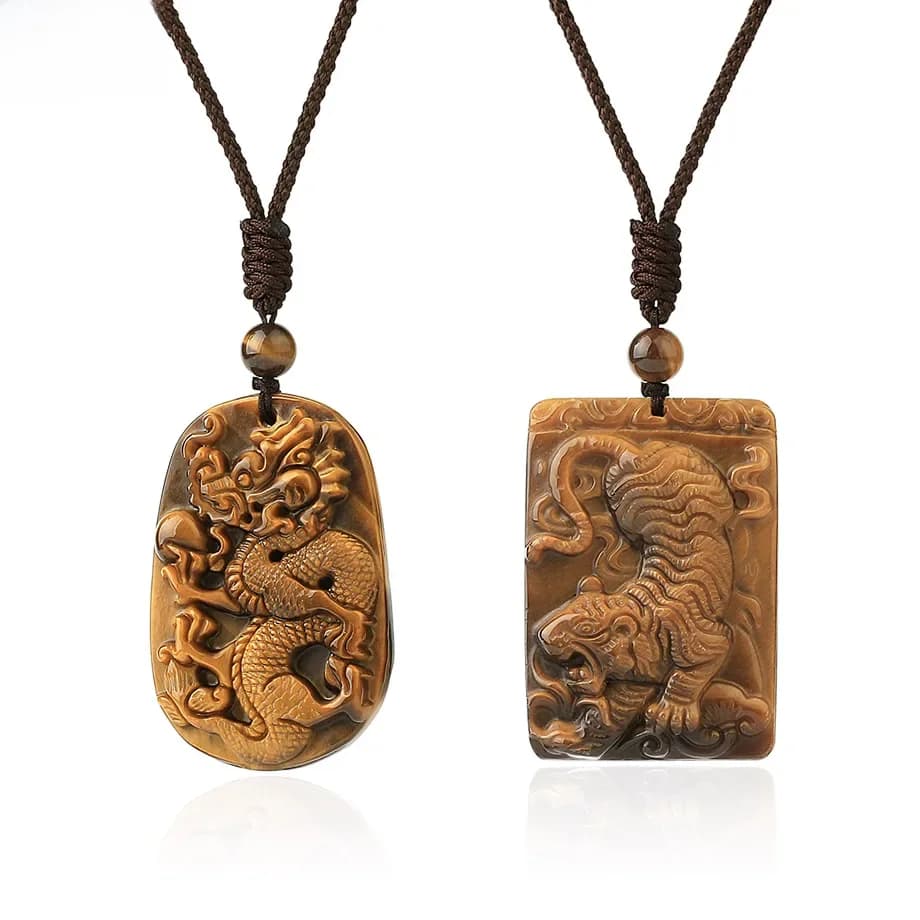 CSJA pierre naturelle jaune oeil de tigre colliers pour hommes sculpture renard Dragon bouddha collier pendentif énergie de guérison bonne chance G716