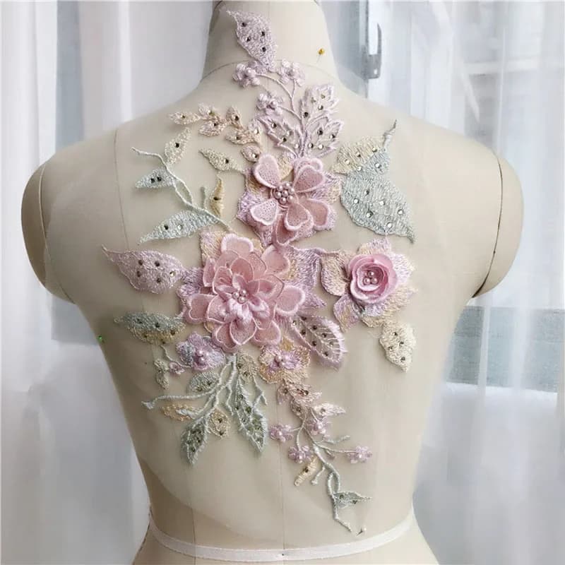 Robe de mariée brodée de fleurs roses colorées de luxe, 1 pièce, accessoires appliqués en dentelle, Patch de couture pour bricolage