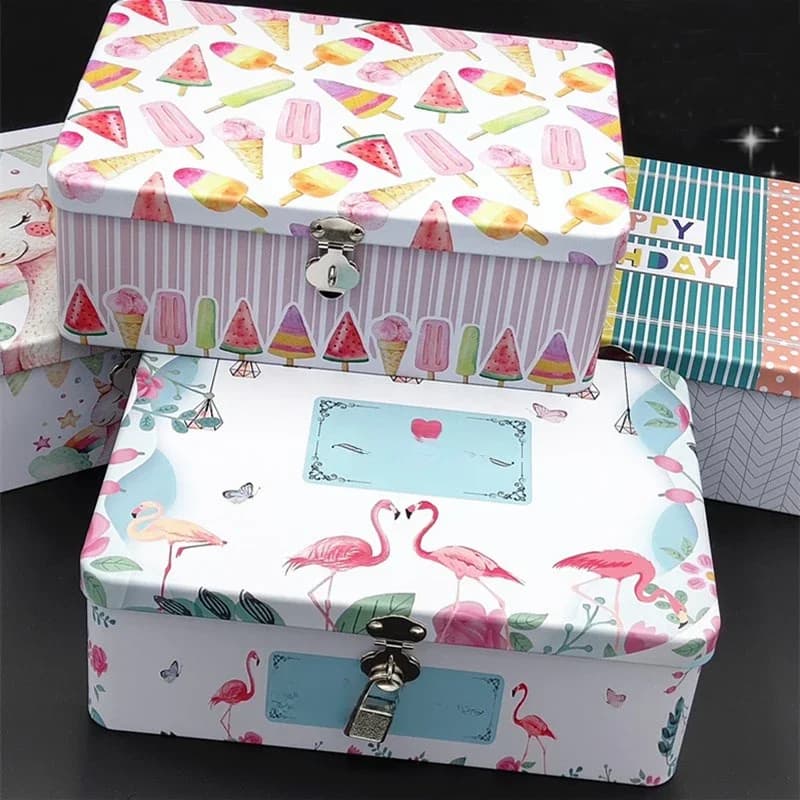 Grand Style de mode cosmétique bijoux stockage boîte en fer blanc pour enfants cadeau thé Cookie organisateur avec serrure Passwprd boîte en métal secrète