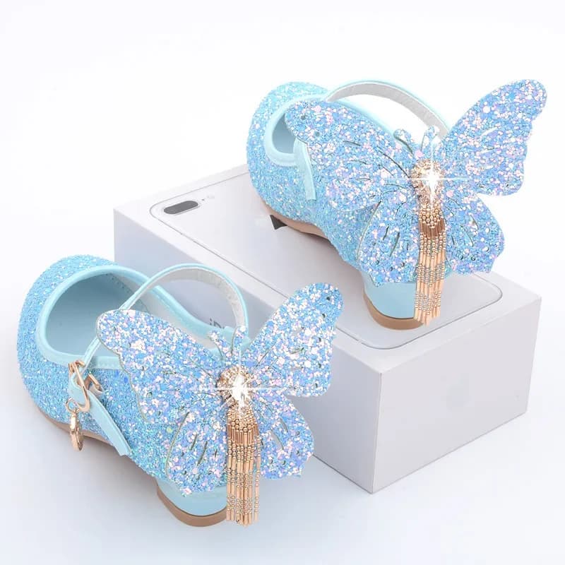 Nouveaux enfants chaussures en cuir mode frangé papillon noeud filles princesse chaussures décontracté paillettes enfants à talons hauts étudiant chaussures de danse