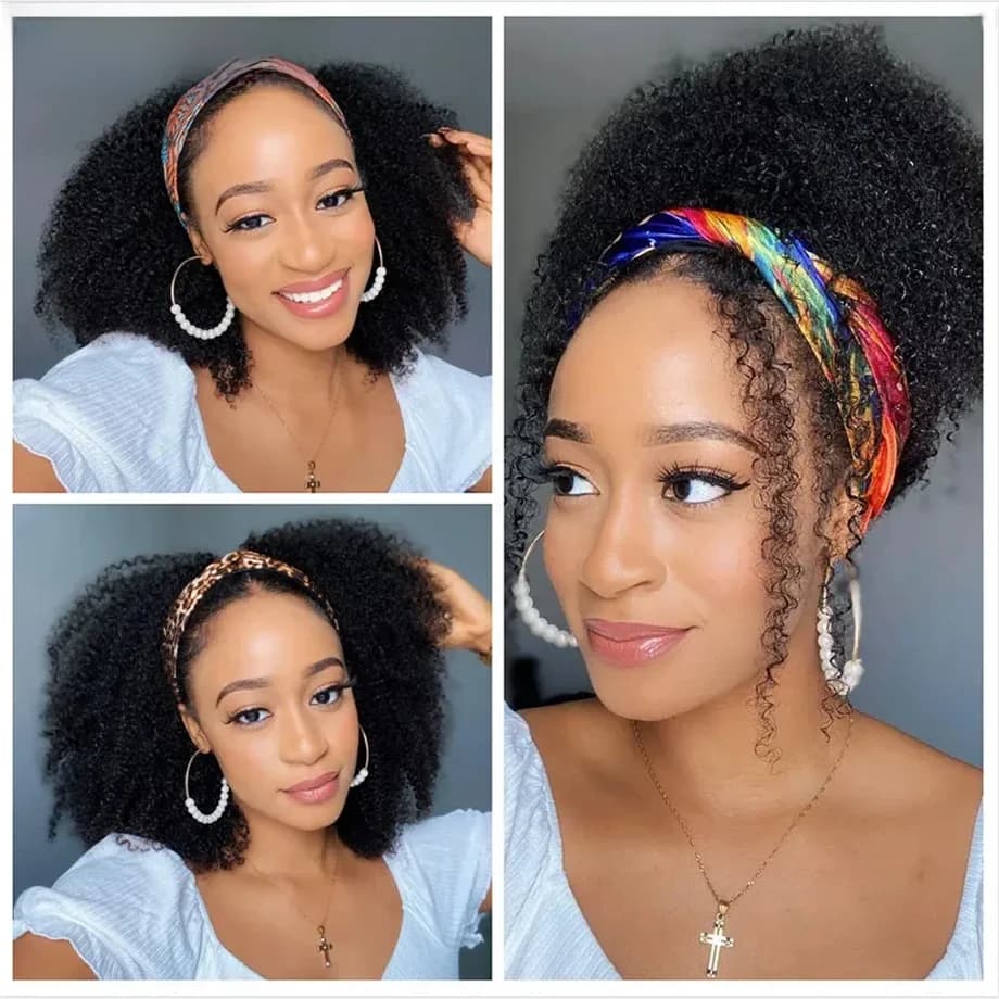 Bandeau perruque cheveux humains Afro crépus bouclés 200 densité brésilien Remy cheveux Afro crépus bandeau écharpe perruques pour les femmes noires 180%