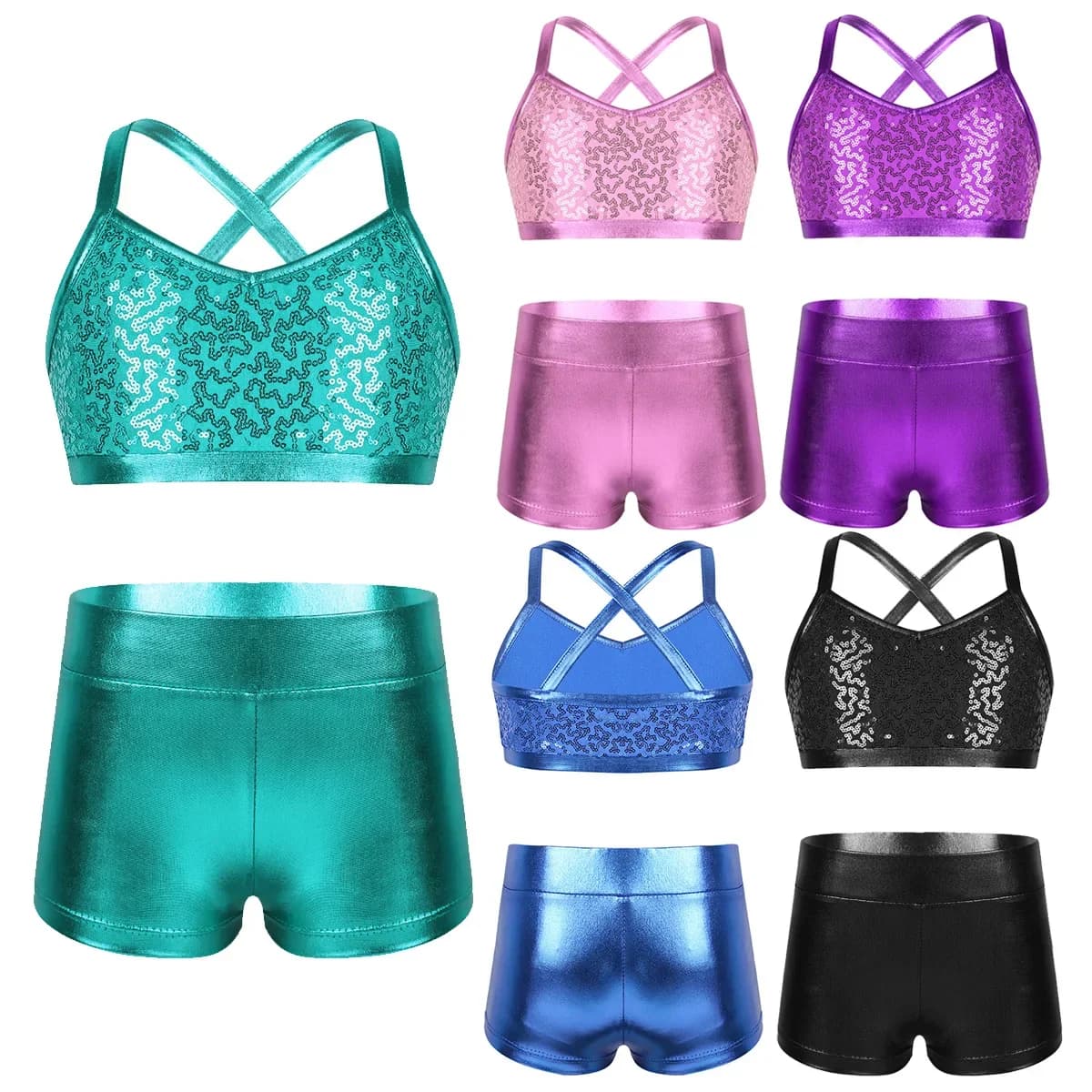 Ensemble de vêtements de danse de ballet pour enfants, haut court avec short, tenue de survêtement, costume d'entraînement, paillettes brillantes, tankini pour filles