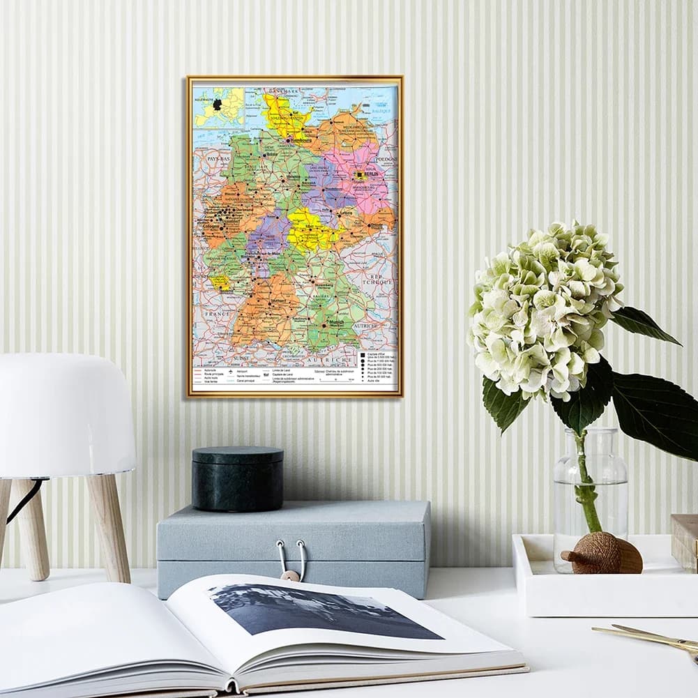 Affiche d'art mural de carte politique allemande, carte de transport en français, peinture sur toile, fournitures scolaires, décoration de la maison, 59x42cm