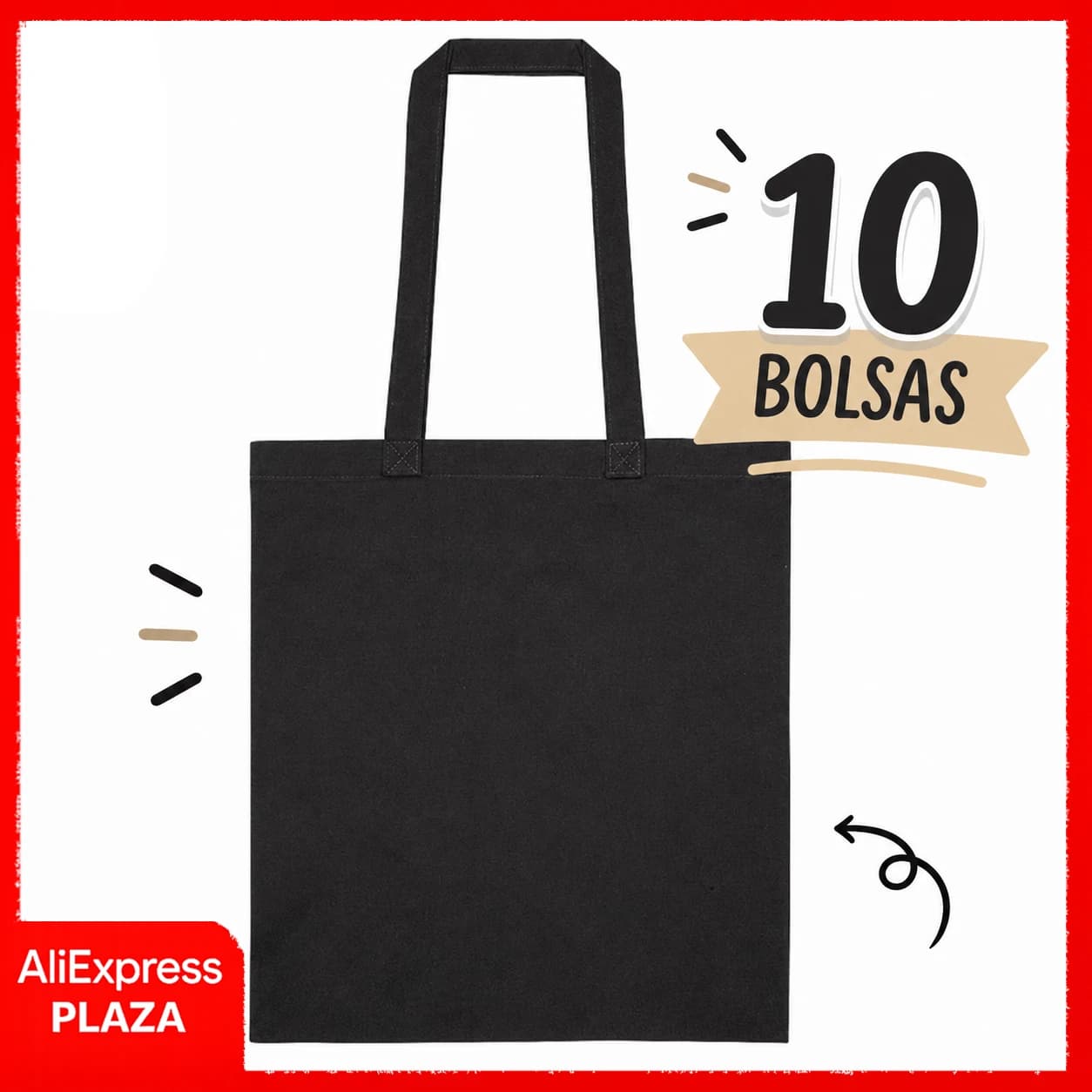 Sacs en coton noir, lot de 10 sacs, 140 g, 38x42 cm, avec longues poignées renforcées, personnalisables, écologiques, réutilisables, pour le shopping, les événements, les foires, le merchandising, la
