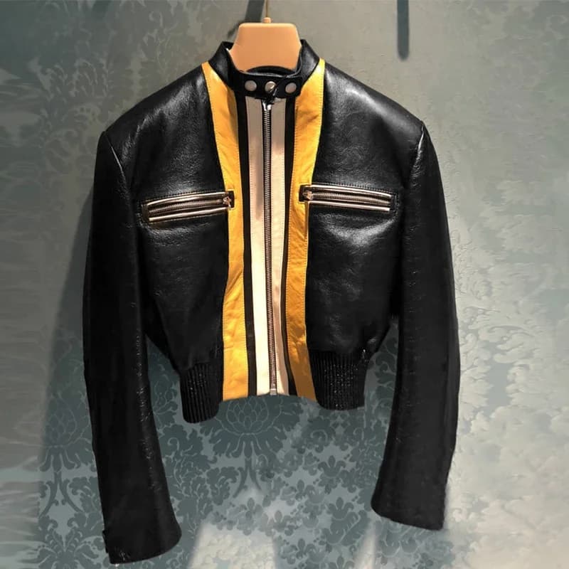 Nerazzurri-Veste courte en similicuir pour femme, manches longues, patchwork, fermeture éclair, haut court, piste, vêtements de créateurs, mode printemps