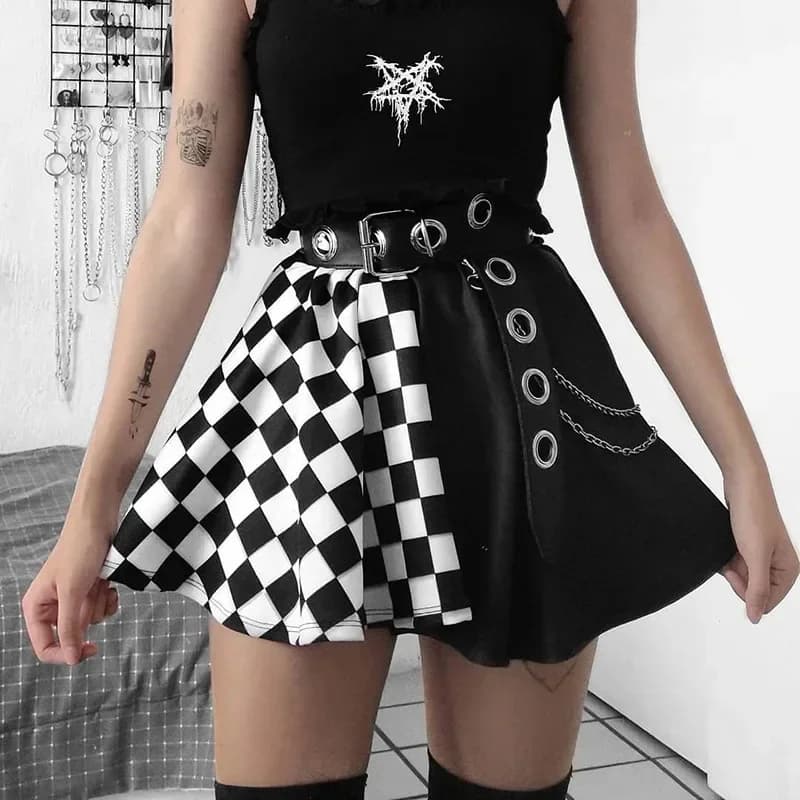 Jupe gothique sexy taille haute pour fille noire, jupe Harajuku Y2k, abonnés à la couture à carreaux, été
