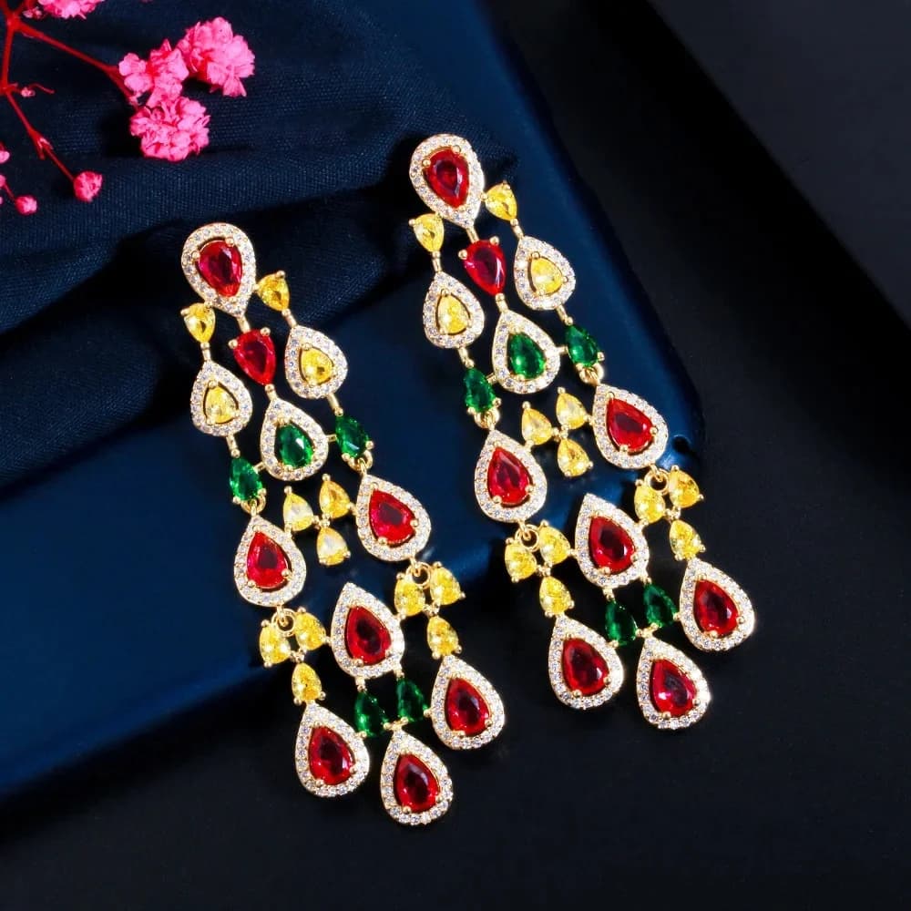 CWWCONS-Boucles d'oreilles pendantes multicolores CZ pour femmes, goutte d'eau, long grand lustre, bijoux de fiançailles et de mariage, CZ847