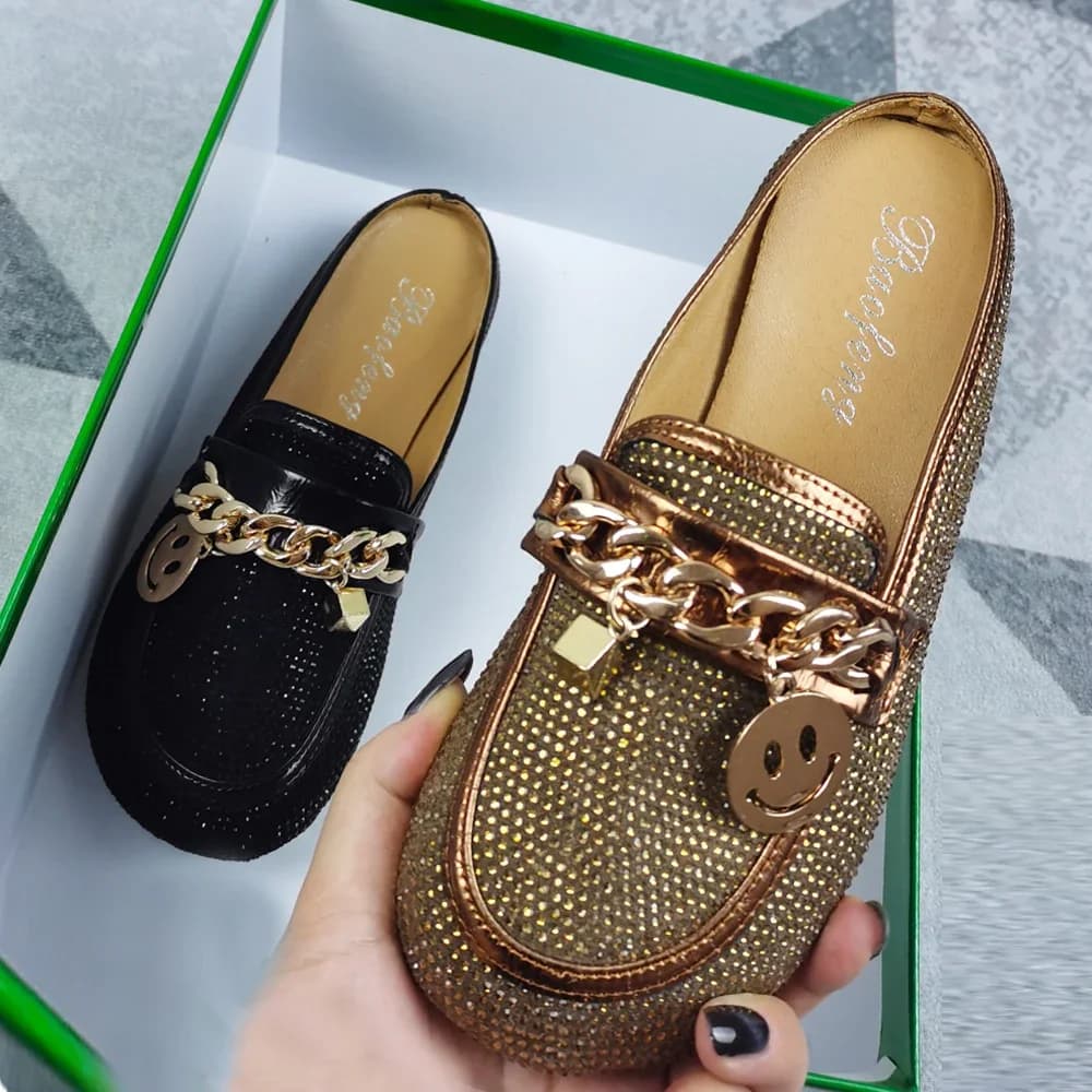 Mode cristal Bling Mules pantoufles femmes chaussures femmes Mules chaussures rondes talons bas chaussures élégantes femme pantoufle chaussures décontractées
