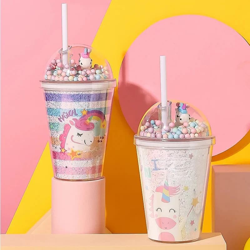 Bouteille d'eau en plastique à Double couche avec couvercle de licorne en paille, tasse créative de Style coréen pour cadeau au lait, café, thé, tasse pratique