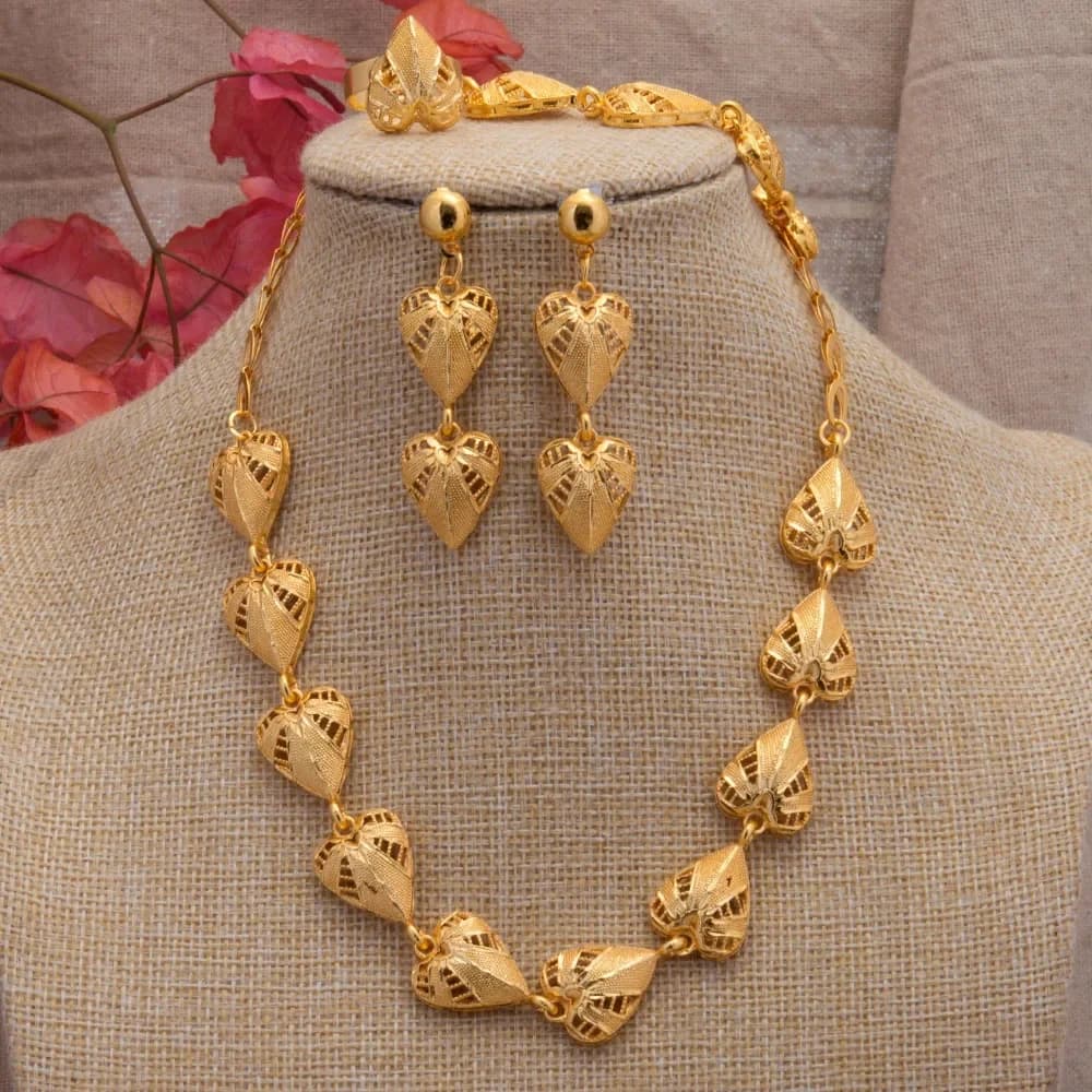 Parure de Bijoux en Or 24k Dubaï pour Femme, Patients Africains, Collier de ix, Boucles d'Oreilles, Bague, Bracelet, Cadeaux de Mariage, Pérou