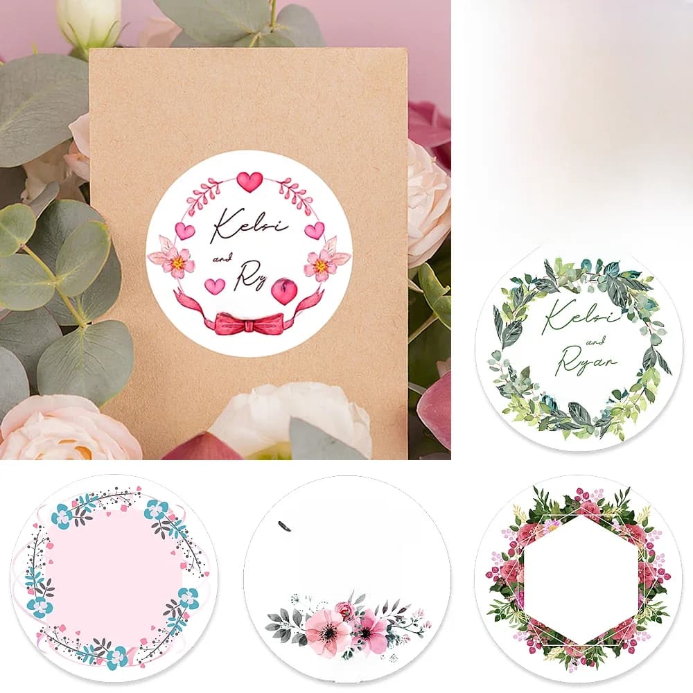 96 pièces 2.5-7cm Floral personnalisé ajouter vos noms et Date autocollant autocollants de mariage Invitations sceaux bonbons faveurs coffrets cadeaux étiquette