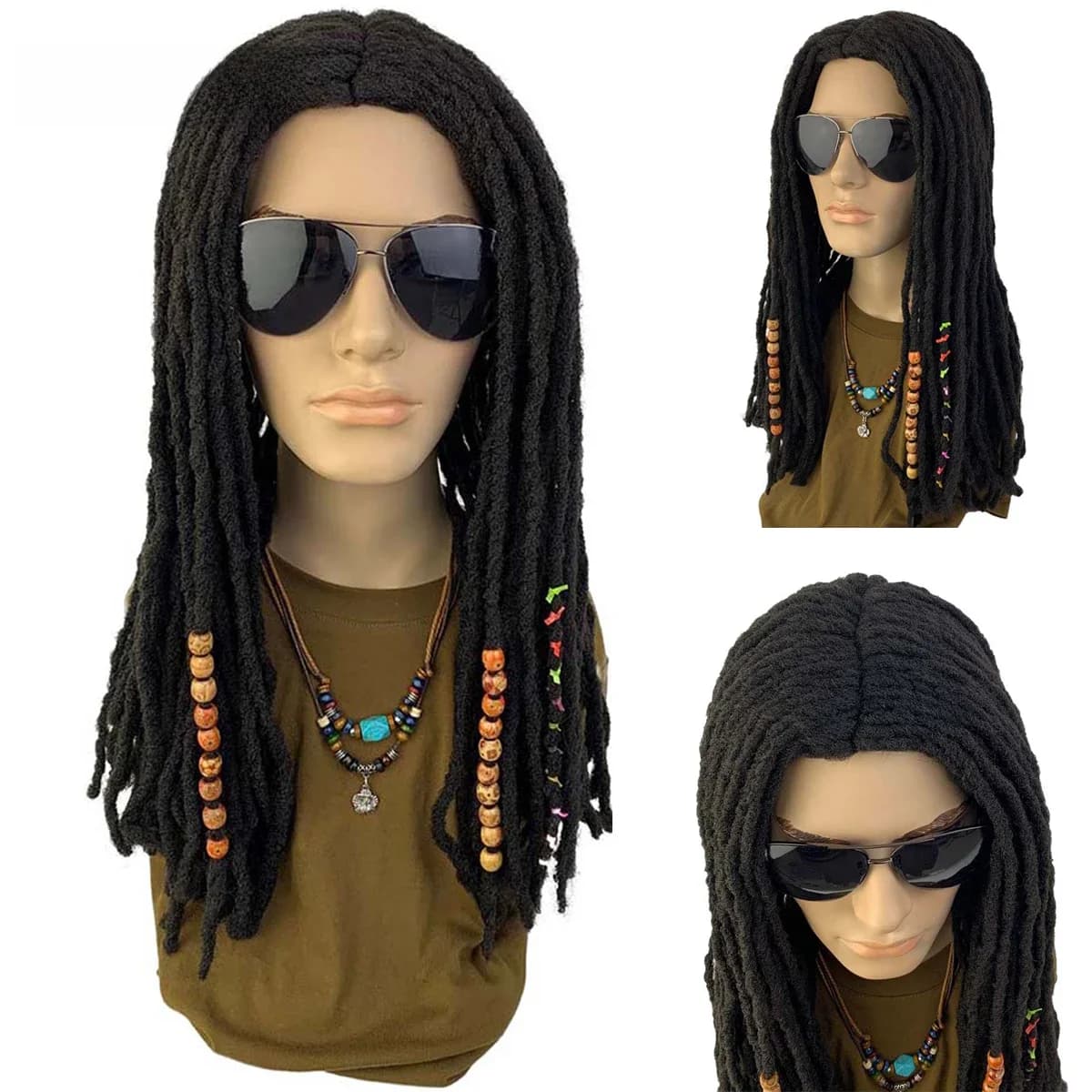 Perruque Dreadlocks synthétique longue noire pour hommes, cheveux lisses au Crochet, tressage avec raie centrale, perruque quotidienne
