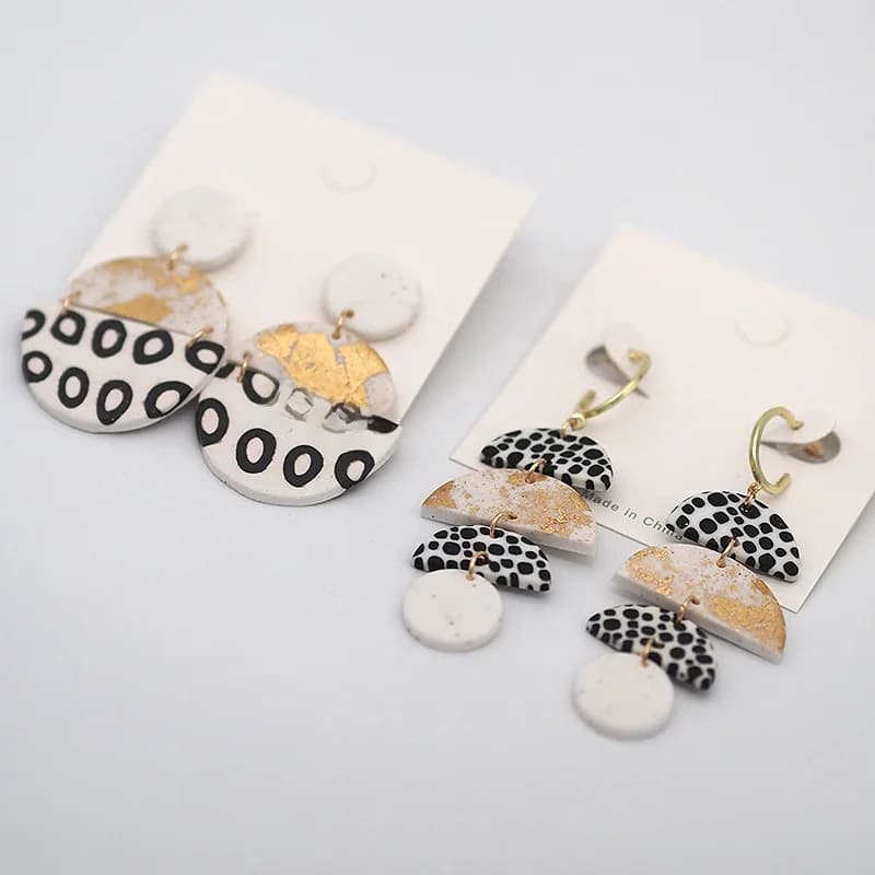 Boucles d'oreilles à motif de points noir et blanc, longues liées en argile polymère, pendentif, cadeau de fête, accessoires de bijoux pour femmes
