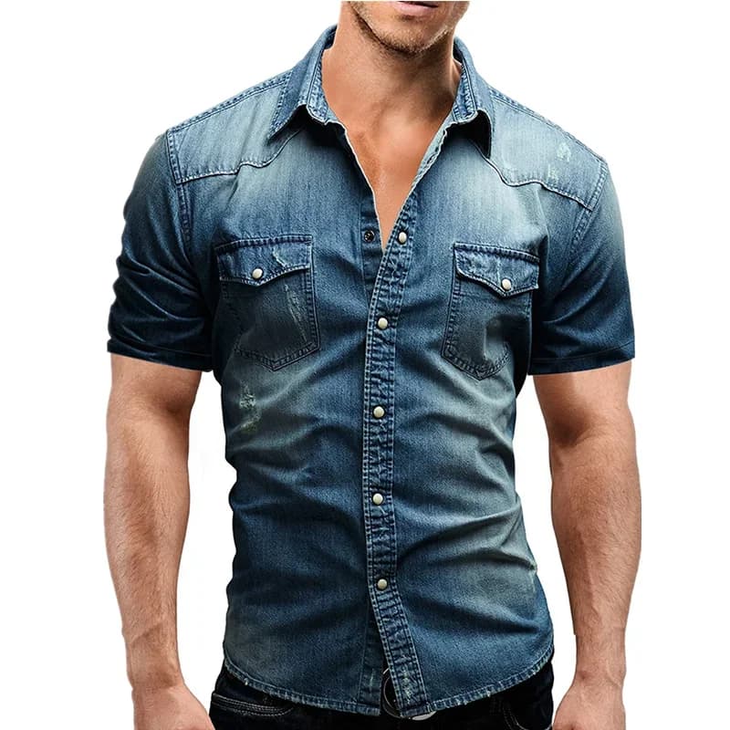 Chemise en jean fine pour homme, manches courtes, coton doux, deux poches, coupe slim légèrement élastique, style cowboy, collection été 2026